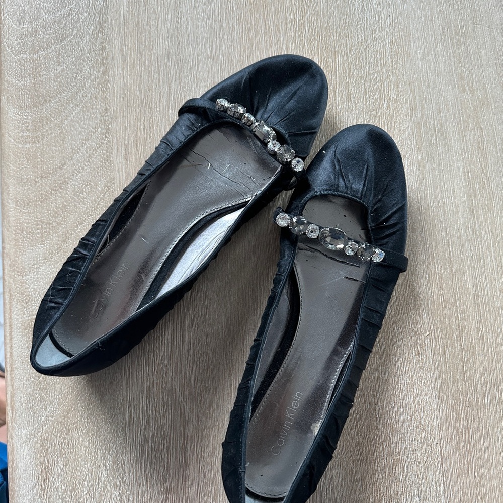 Calvin Klein Black Leather Flats with Silver Accent